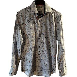 Levinas Men's Button-Up Tailored Fit Blue Floral w/ Birds Long Sleeve Size Med